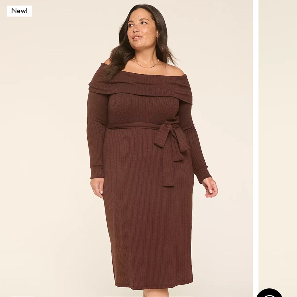 Lane Bryant Off the Shoulder Camel Sweater Dress